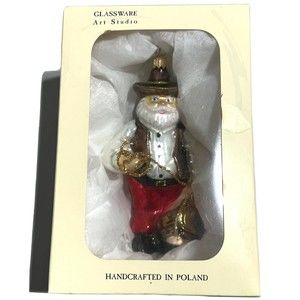 Glassware Art Studio Cowboy Santa Claus Christmas Ornament Made in Poland MARKED
